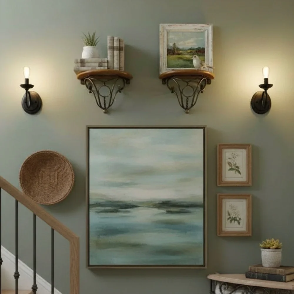 Set of 2 Wood and Scrolled Metal Wall Floating Shelves Sconces Half Moon 13x7